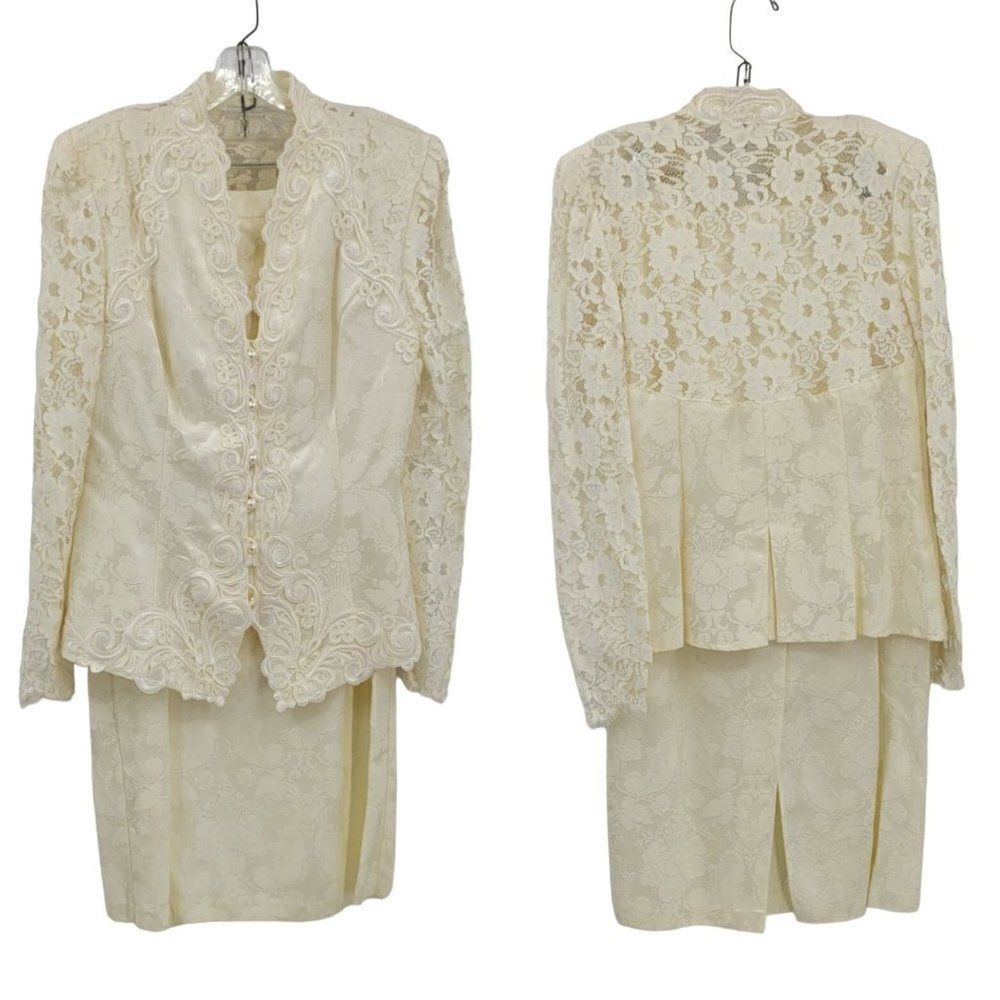 Vintage 90s Wedding‎ Skirt Suit Set 14 Vanilla Brocade Lace Embroidered Maxi USA